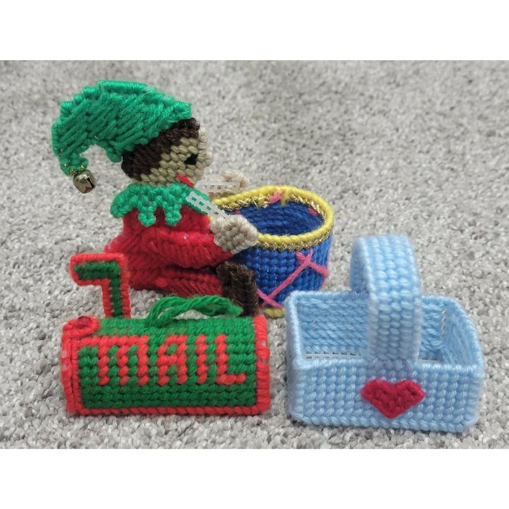 Vintage Handmade Plastic Canvas Christmas Ornaments Set of 3 Drummer Elf Mailbox